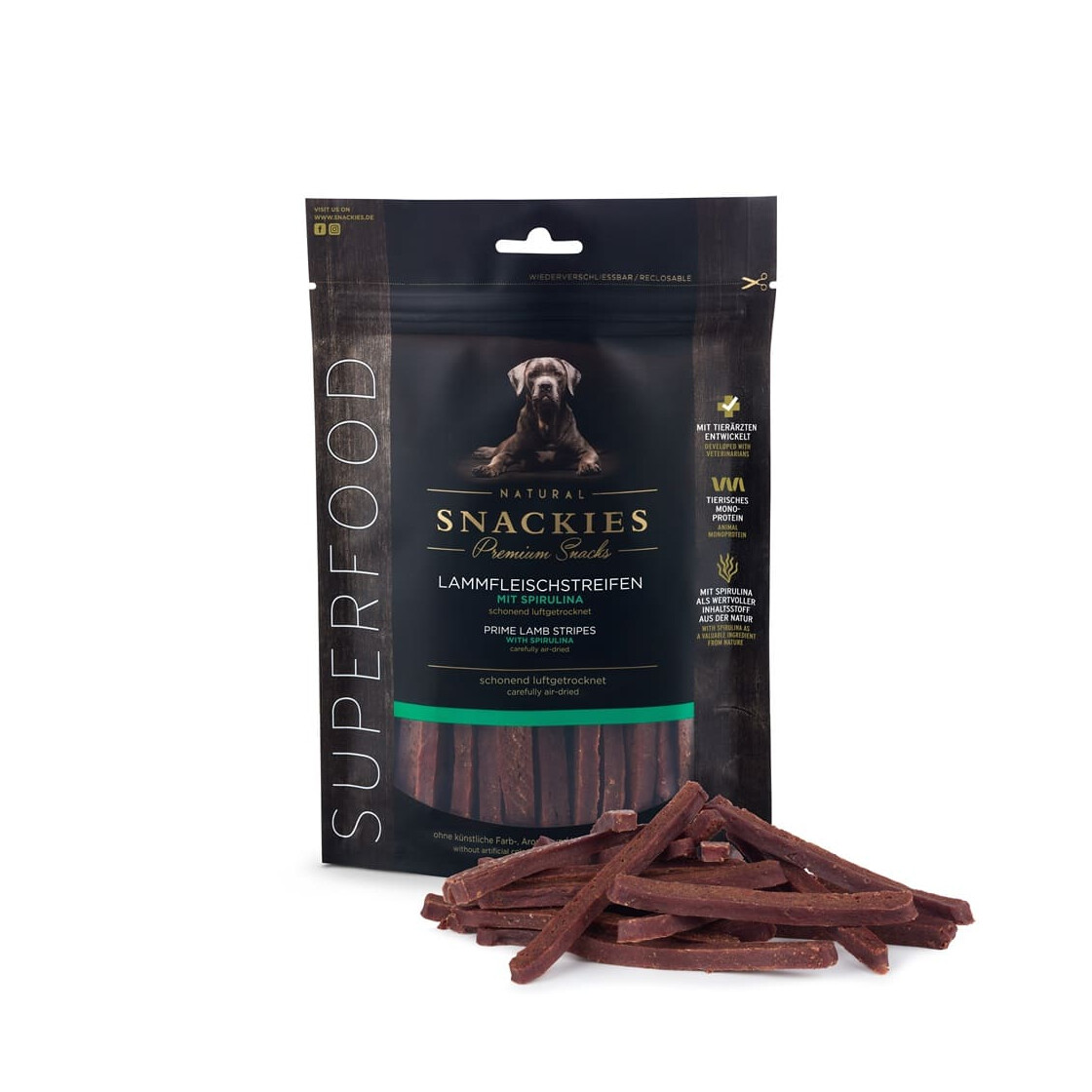 Snackies: Feine Lammfleischstreifen mit Spirulina