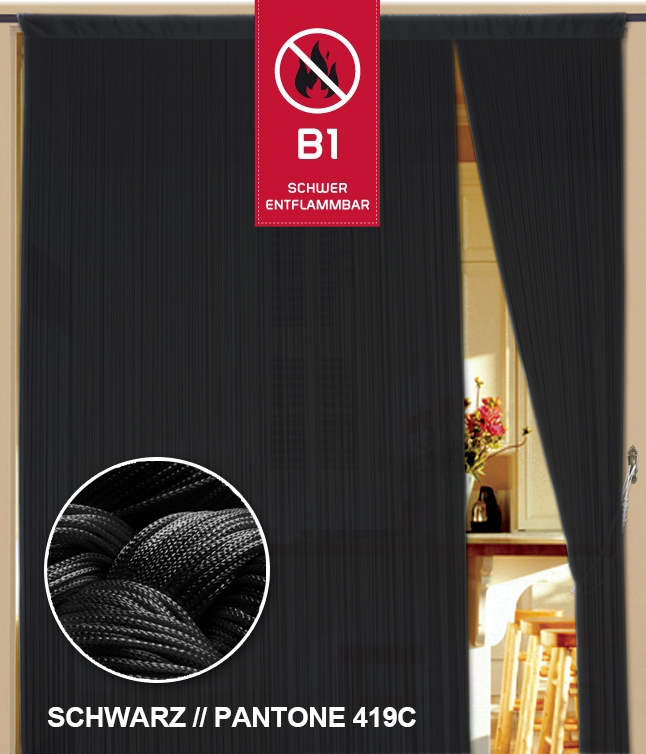 B x H Fadenvorhang 200 cm x 300 cm Farbe Schwarz in B1 schwer entflammbar B x H Fadenvorhang 200 cm x 300 cm Farbe Schwarz in B1 schwer entflammbar