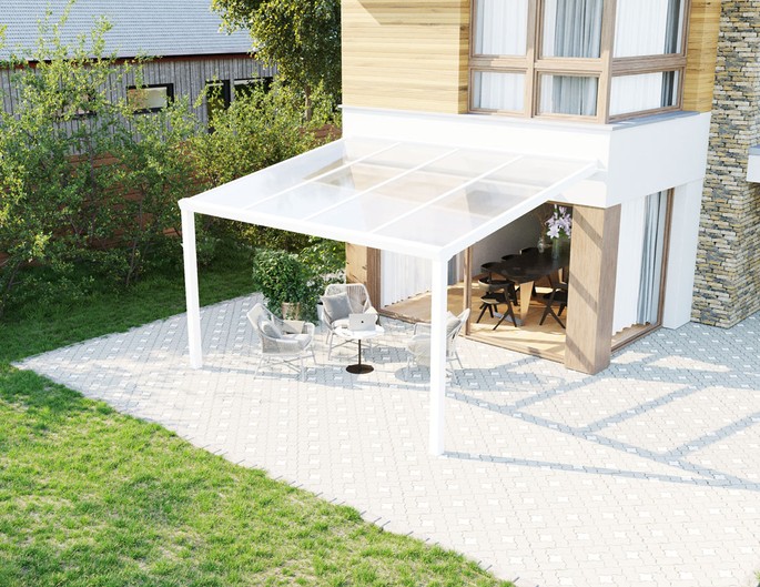 Terrassenüberdachung Alu 300x200 cm weiß mit VSG-Glas. McTerrasse