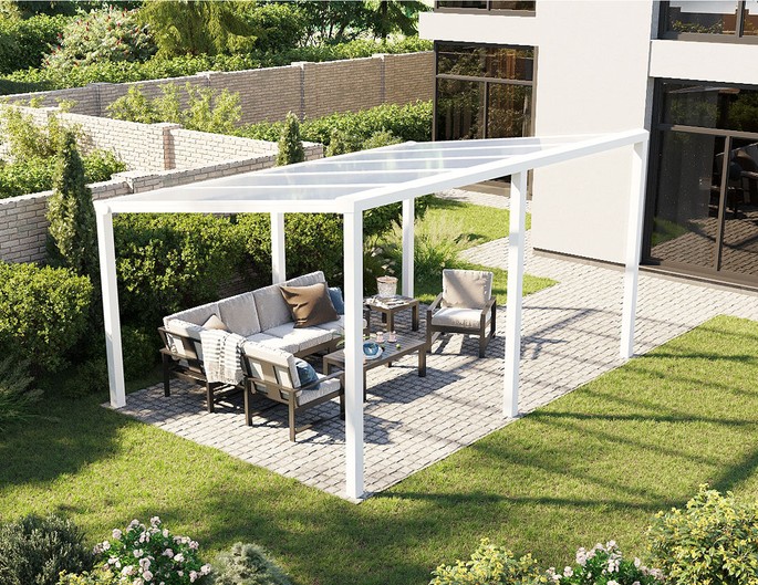 Terrassenüberdachung Alu freistehend 5x4 m weiß mit Stegplatten. McTerrasse
