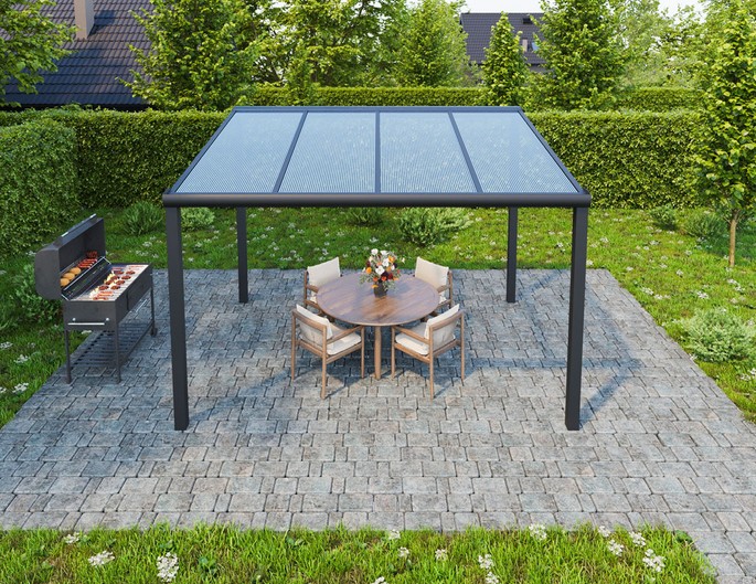 Terrassenüberdachung freistehend 400x300 cm anthrazit mit Stegplatten. McTerrasse