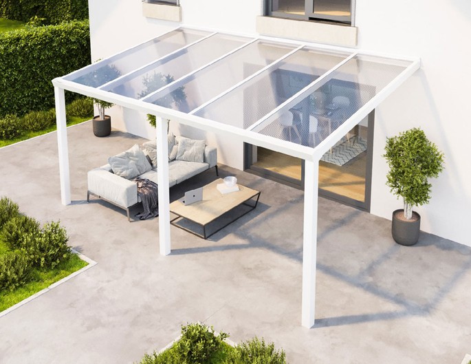 Terrassenüberdachung Alu 5x3,5 m weiß mit Stegplatten. McTerrasse