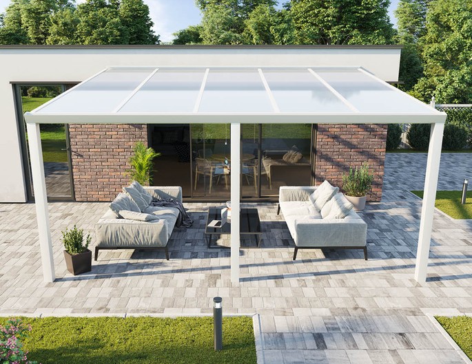 Terrassenüberdachung Alu 5x4 m weiß mit Stegplatten. McTerrasse