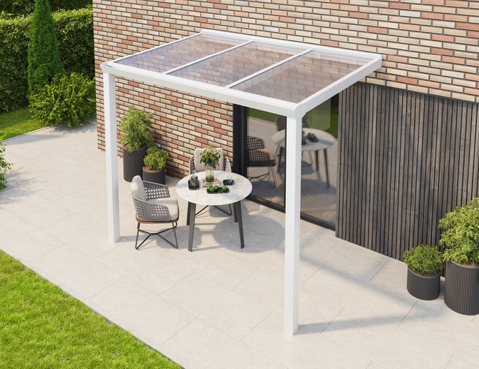 Alu Überdachung 300x200 cm weiß mit Stegplatten. McTerrasse