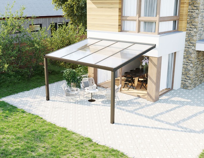 Terrassenüberdachung Alu 300x250 cm anthrazit mit VSG-Glas. McTerrasse