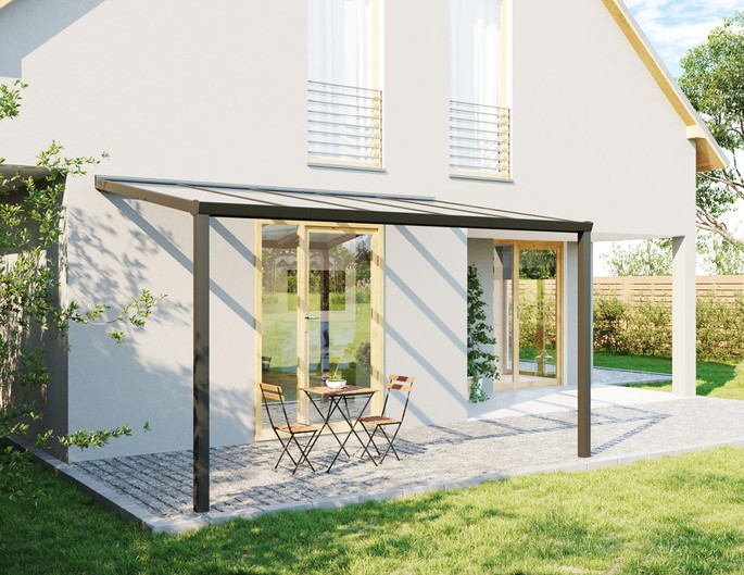 Terrassenüberdachung Alu 4x2 m anthrazit mit VSG-Glas. McTerrasse