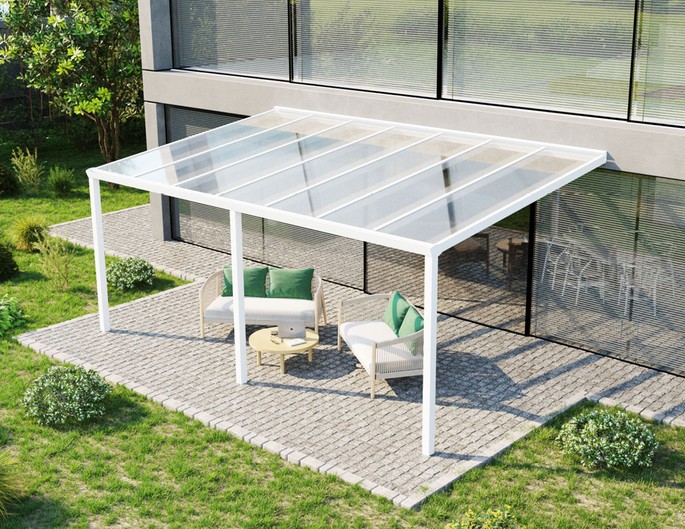 Terrassenüberdachung Alu 500x400 cm weiß mit VSG-Glas. McTerrasse