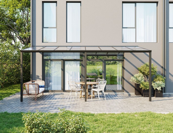 Terrassenüberdachung Alu 6x2 m anthrazit mit VSG-Glas. McTerrasse