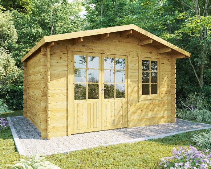 [Pakket] Tuinhuis Como XXL 400 x 300 cm - in wanddikte 44 mm - met effen tegels in zwart