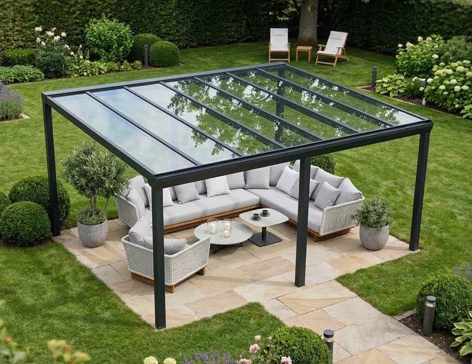 300 x 200 cm aluminium terrasoverkapping "Topline" met glazen dak