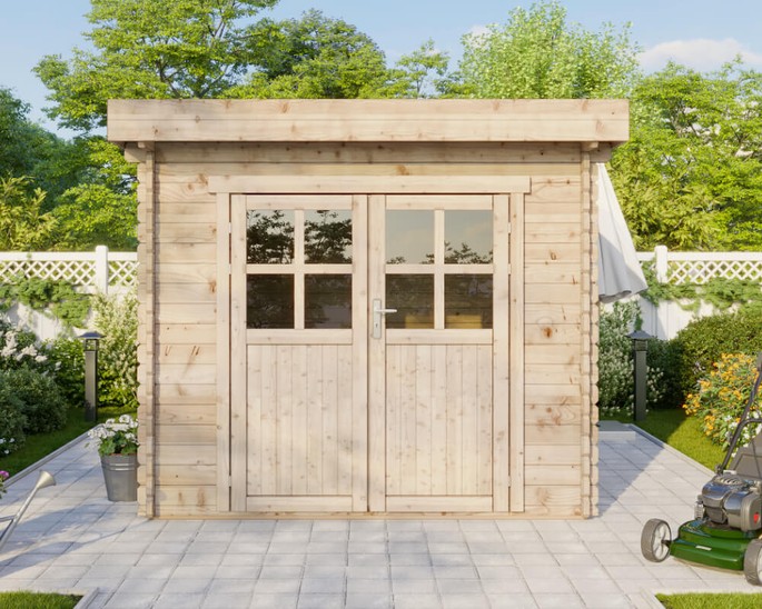 Gartenhaus 300x300 cm mit einem Flachdach und einer Doppeltür mit Glas. McGarden24