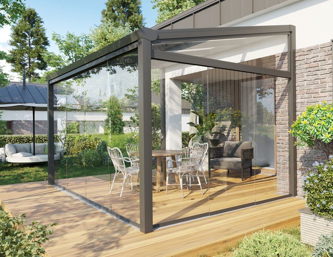 Sommergarten Alu 4x3 m anthrazit mit Stegplatten. McTerrasse