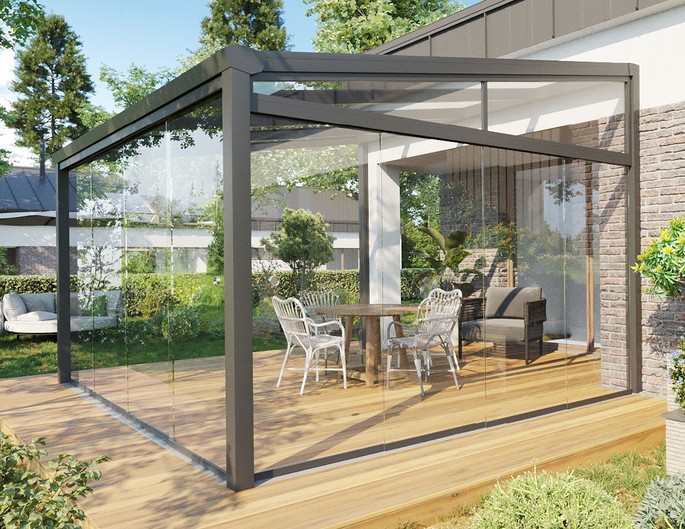 Sommergarten Alu 6x4 m anthrazit mit Stegplatten. McTerrasse