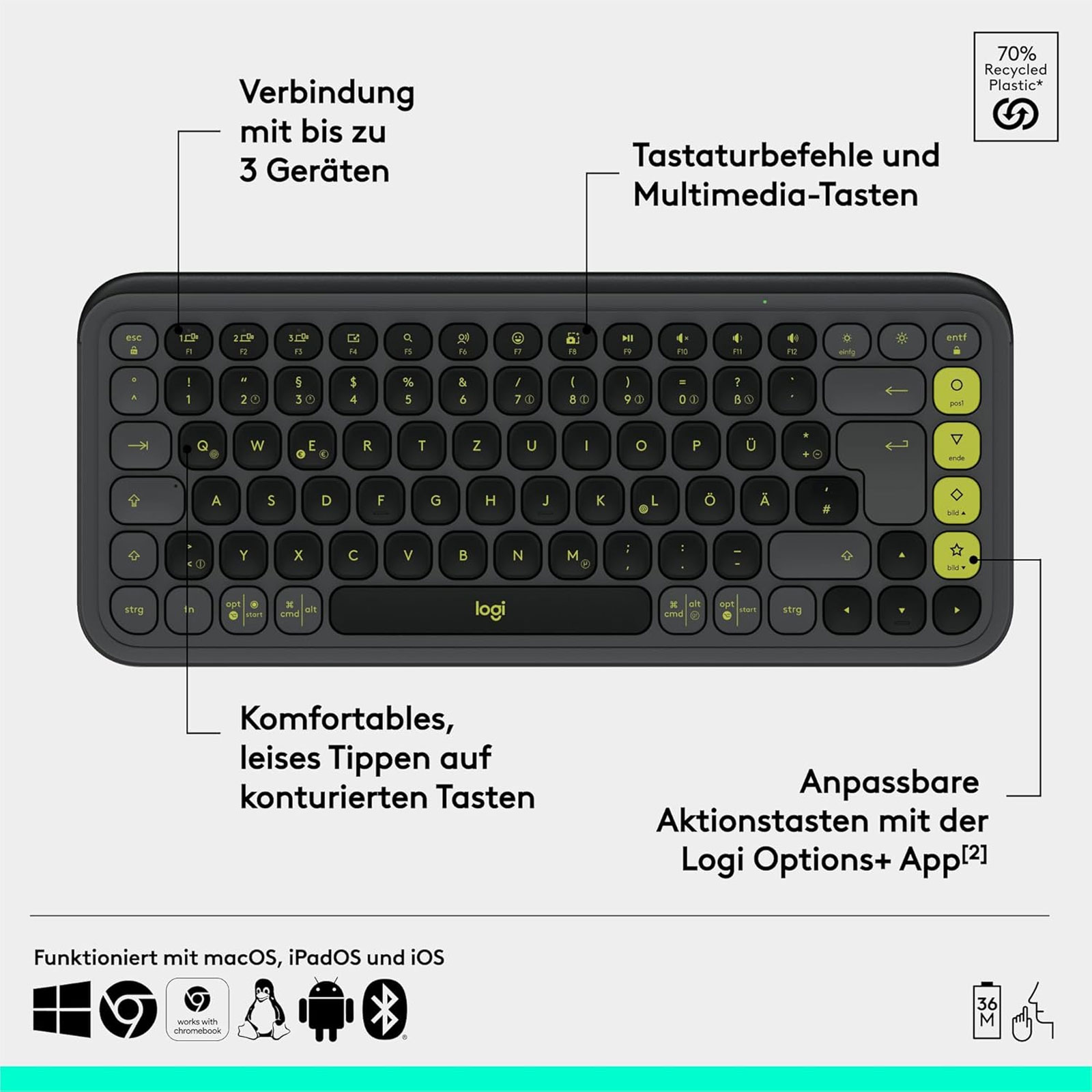 Logitech POP ICON COMBO Grafit / Grün Bluetooth Tastatur - Bild 2