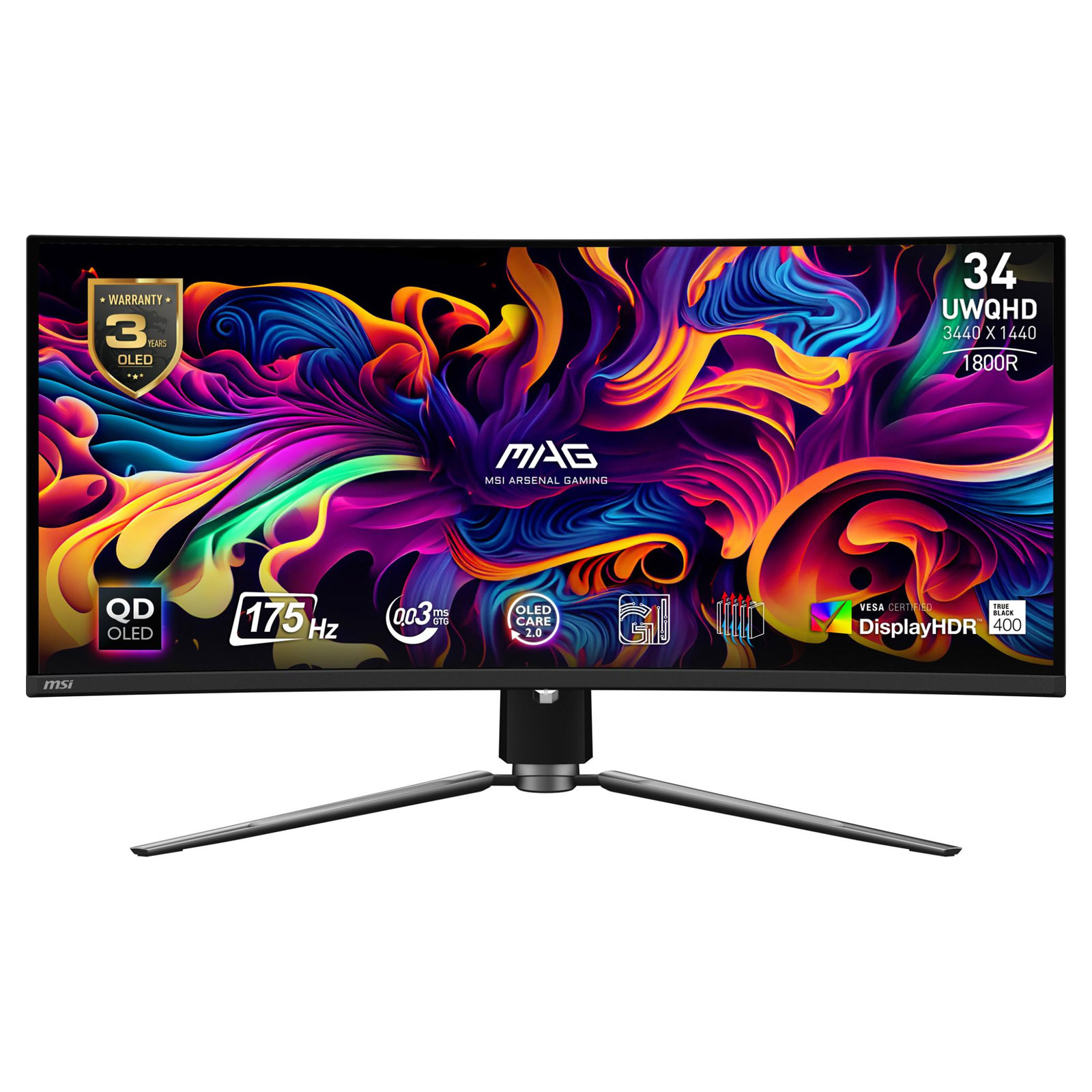 MSI Gaming-Monitor MAG 341CQPDE, Schwarz, 34 Zoll, UWQHD, Curved, OLED, 175 Hz, 0,03 ms (USB-Hub, HDMI, DisplayPort, höhenverstellbar, neigbar, schwenkbar) - Bild 1