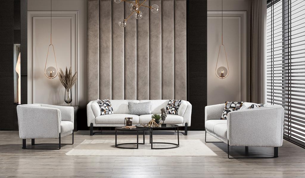     Savana Sofa Set Seidengrau Stoff Und Metall-Schwarz Füßen