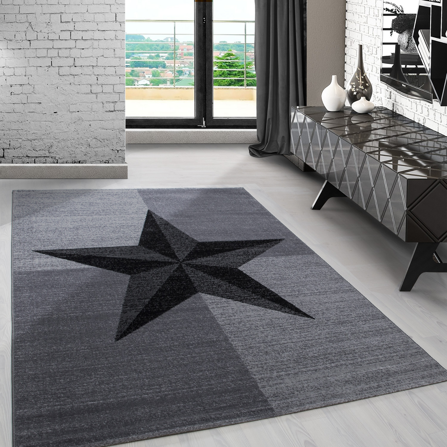 Design Teppich,kurzflor,mit kariertem Muster,meliert,soft,Farbe:Grau |  Villa Store 24 by VILLA MÖBEL