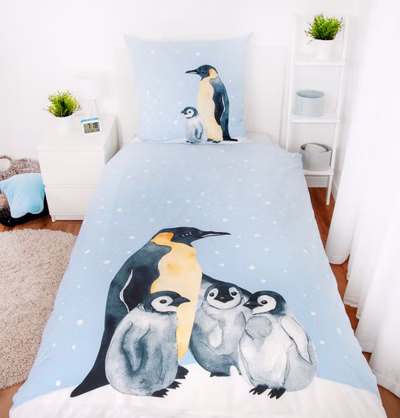 Flannel bed linen set with penguin 135 x 200 cm 80 x 80 cm 100% cotton