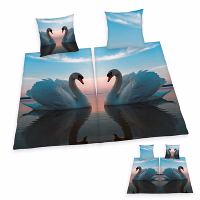 Parure de lit 4 pièces couple de cygnes 135x200 cm (80x80 cm) 100% coton