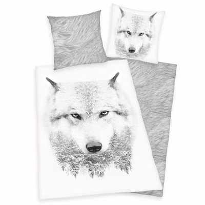 Flanell Bettwäsche Set mit Wolf 155 x 220 cm 80 x 80 cm Übergröße