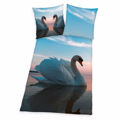 Bettwäsche Set 2 tlg. mit Schwan 135 x 200 cm 100% Baumwolle