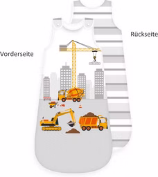 Herding babybest® Baustelle Ganzjahres-Schlafsack für Babys Baumwolle Vorderseite und Rückseite. Motiv mit Kran, Bagger und Betonmischer. Im Hintergrund befinden sich Hochhäuser. Die Rückseite hat Grau-weiße Streifen.
