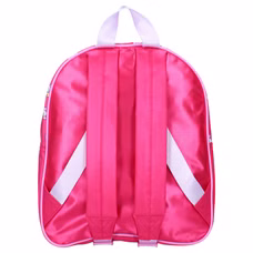Rückseite des pinken Hello Kitty Kinderrucksacks mit verstellbaren, gepolsterten Schultergurten und einer praktischen Trageschlaufe in hellem Rosa.