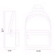 Front‑ und Seitenansicht einer technischen Rucksackzeichnung mit Maßen 31×22×9 cm, Hauptfach, Frontfach, Zippern und Tragegriff.