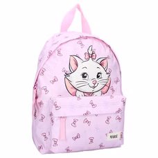 Frontansicht eines rosa Marie‑Rucksacks mit großem Marie‑Gesicht, Schleifenmuster, Fronttasche und pinkem Griff.