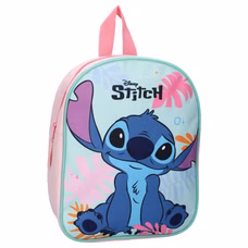 Frontansicht eines Stitch‑Rucksacks mit hellblauer Front, pinken Seiten, tropischen Blättern, mintgrüner Kante und „Disney Stitch“-Schriftzug.