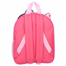 Rückansicht eines rosa Rucksacks mit verstellbaren Trägern, Tragegriff und seitlicher Mesh‑Tasche.