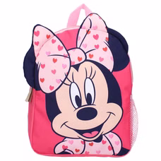 Frontansicht eines pinken Minnie‑Rucksacks mit großem Minnie‑Gesicht, Herzschleife, dunklen Ohren und Mesh‑Tasche.