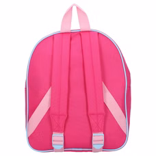 Rückseite des pinken Minnie Mouse Rucksacks mit verstellbaren, gepolsterten Schultergurten, hellblauen Kunststoffschnallen und einer hellrosa Trageschlaufe oben.