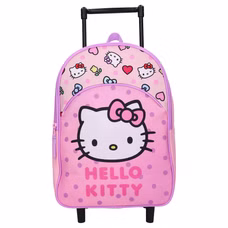 Vorderansicht des rosa Hello Kitty Kinder-Trolley-Rucksacks mit einem großen Hello Kitty Gesicht auf einer gepunkteten Tasche und dem Schriftzug HELLO KITTY.
