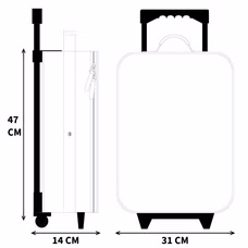 Abmessungen des Bluey Kinder-Trolleykoffers in einer technischen Zeichnung mit Pfeilen: Höhe 47 cm, Breite 31 cm und Tiefe 14 cm.