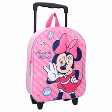 Schräge Vorderansicht des rosa Minnie Mouse 3D Kinder-Trolleys mit voll ausgezogenem schwarzen Teleskopgriff und den beiden schwarzen Standfüßen.