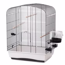 Detailansicht eines Vogelkäfigs mit schwarzen Gittern, weißer Basis, mehreren Holzstangen und seitlichem Futter‑/Wasserbereich.