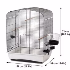 Technische Ansicht eines Vogelkäfigs mit Maßen 71×54×39 cm, schwarzen Gittern, weißer Basis, Holzstangen und seitlichem Futterbereich.