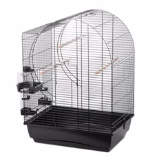 Leerer Vogelkäfig "Elizabeth" mit schwarzen Gittern, weißer Basis, mehreren Holzstangen und seitlichen Futter‑/Wasserbehältern. Klare, neutrale Ansicht.