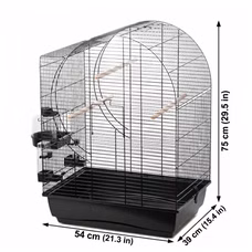 Technische Ansicht eines Vogelkäfigs mit Maßen 75×54×39 cm, schwarzen Gittern, weißer Basis, Holzstangen und seitlichen Futtercups.