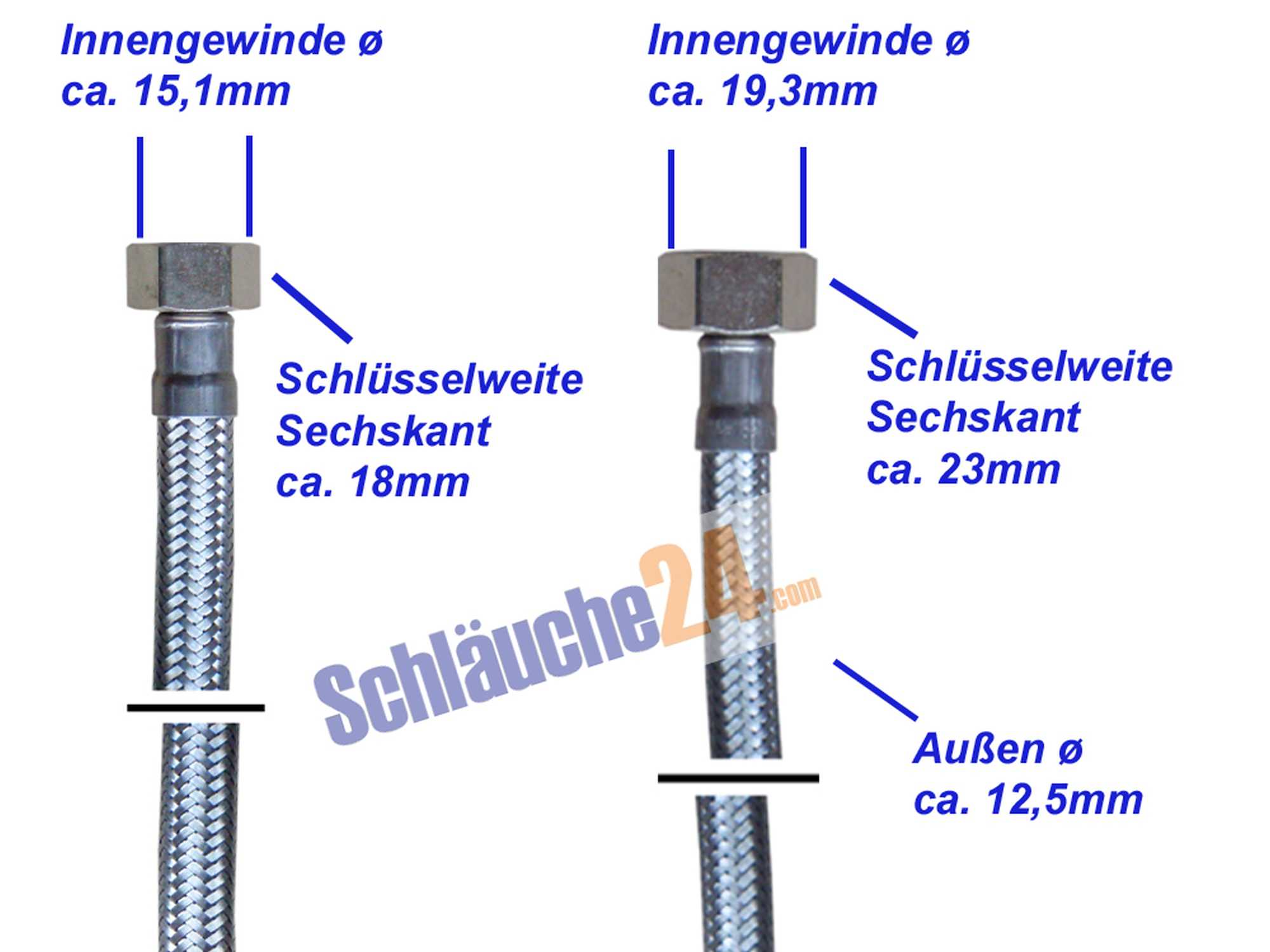 Flexschlauch 3/8"ÜM x 1/2"ÜM, Panzerschlauch DN8, 20-200cm, TRINKWASSER