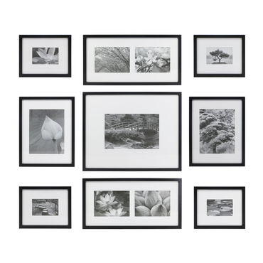 Wood 9-piece frame set with black and white prints Wood 9-piece frame set with black and white prints
