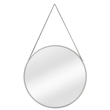 Round Wall Mirror with Leather Hanging Strap Silver