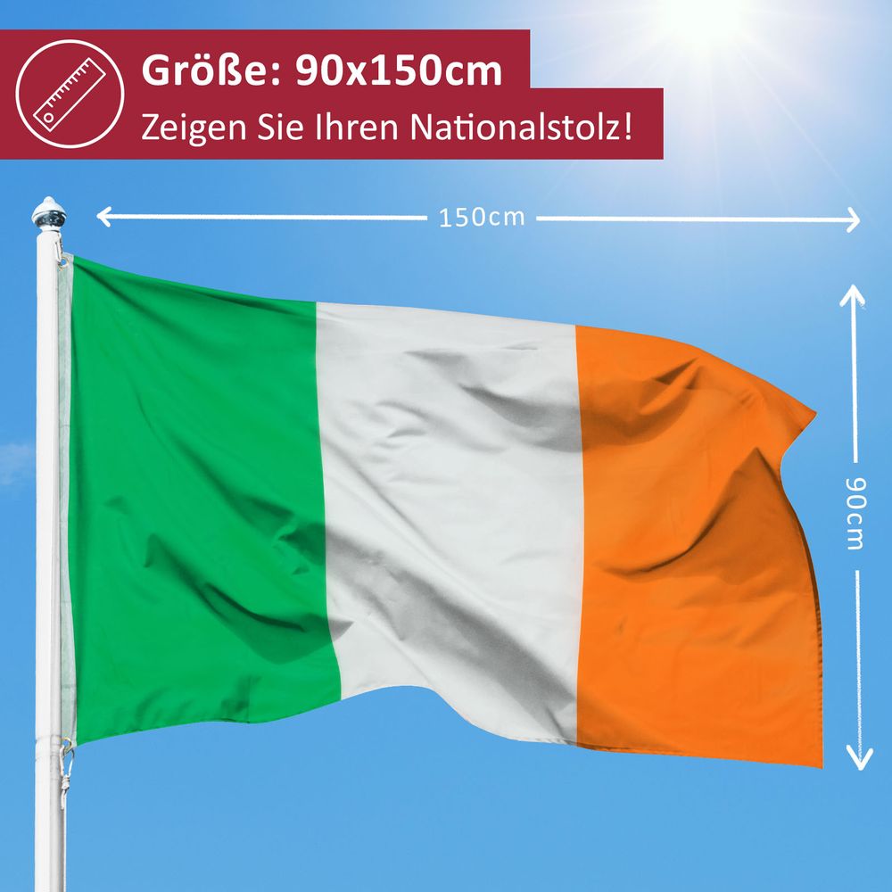 Irland Flagge 90x150 Cm – Polyester-Fahne Mit Doppeltem Saum & 2 Messingösen Zum Hissen