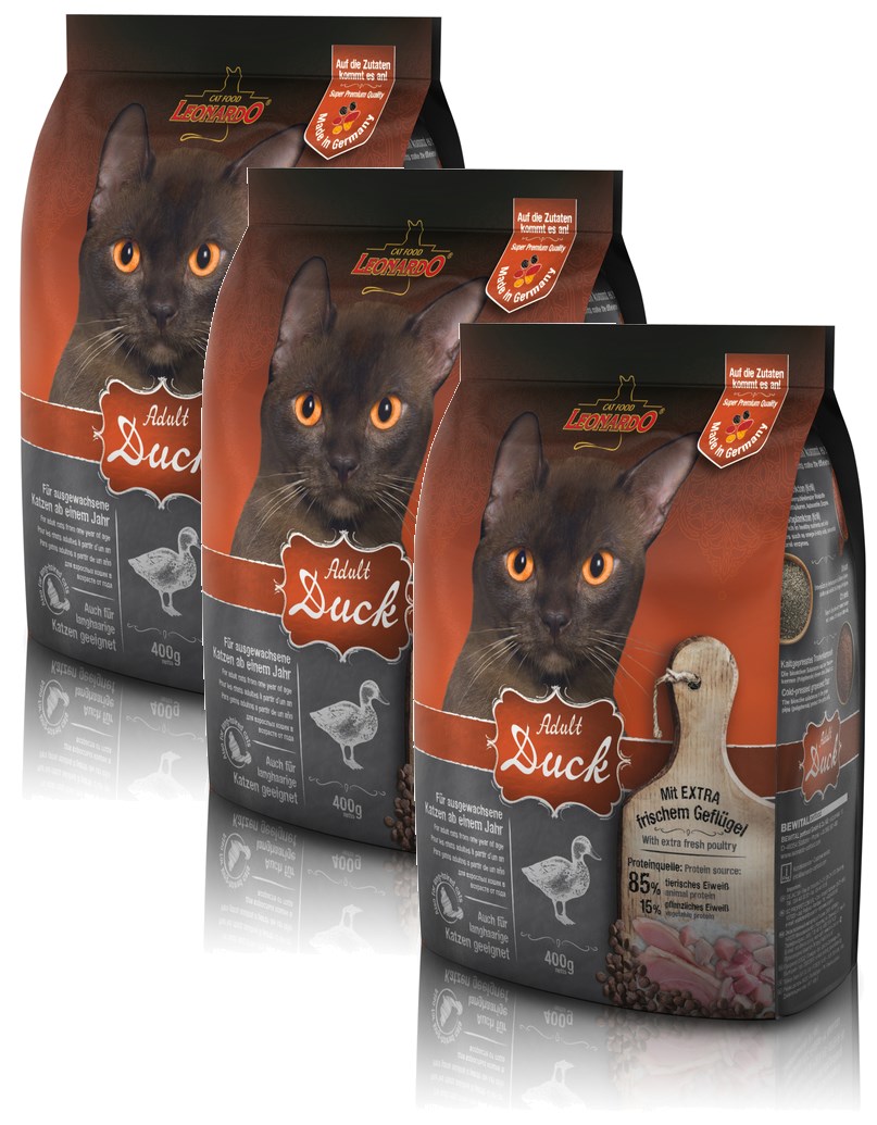 Katzen Trockenfutter - 3x Adult Duck mit Ente & Reis 300g - Leonardo Katzenfutter für ausgewachsene Katzen - leichtverdaulich und Premiumqualität