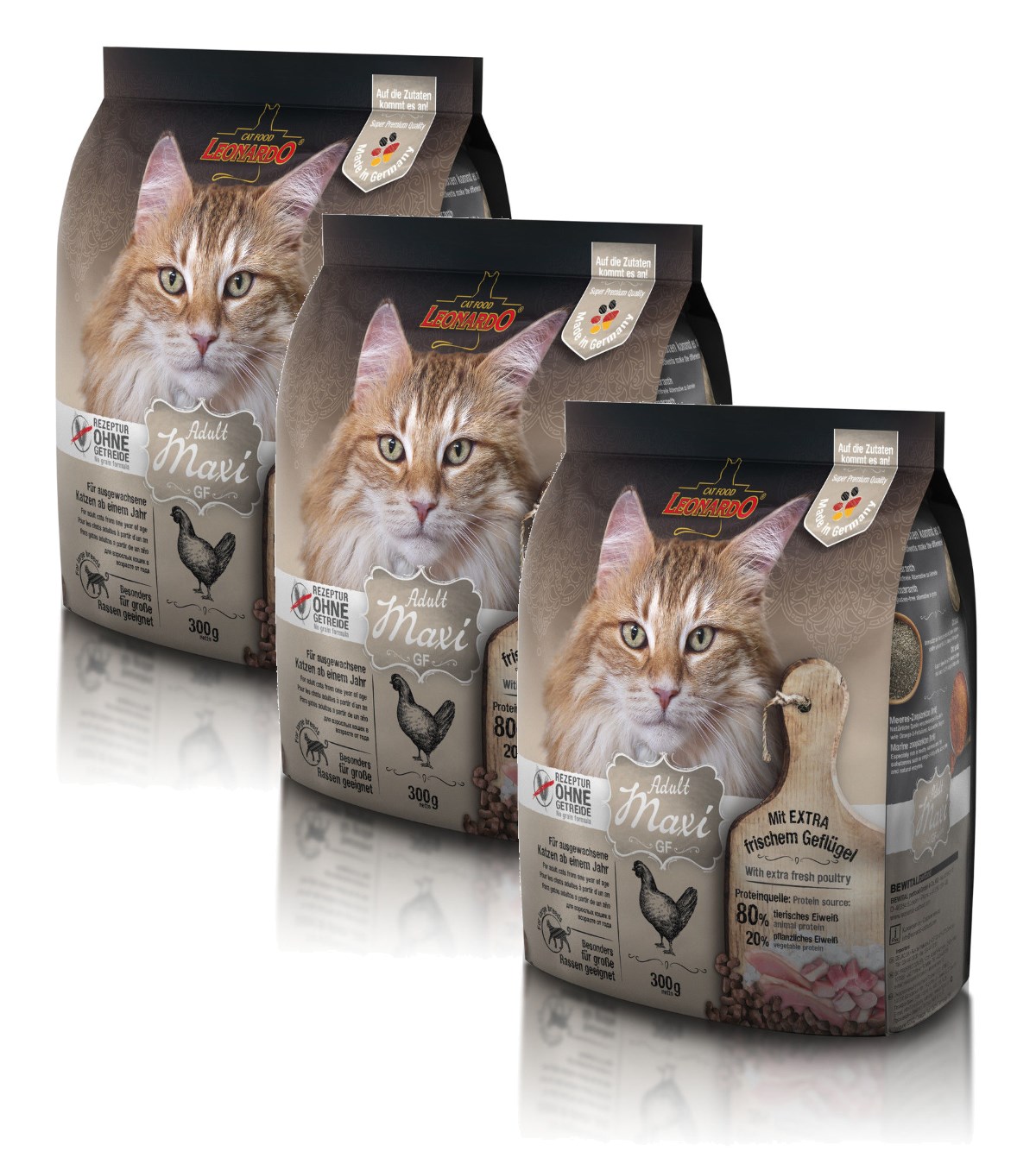 Katzen Trockenfutter - 3x Adult GF Maxi Geflügel  300g - Leonardo Premium Katzenfutter für ausgewachsene Katzen - Getreidefrei - leichtverdaulich