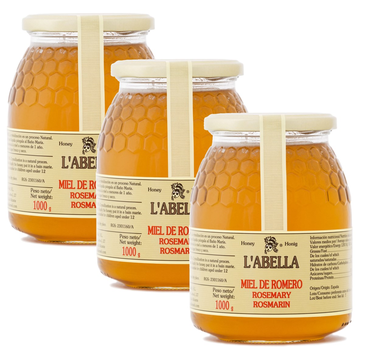 Rosmarinhonig aus Spanien - Premium Qualität - reines Naturprodukt - kaltgeschleudert - unfiltriert - leicht und würziger Geschmack - 3 x 1 Kg Glas