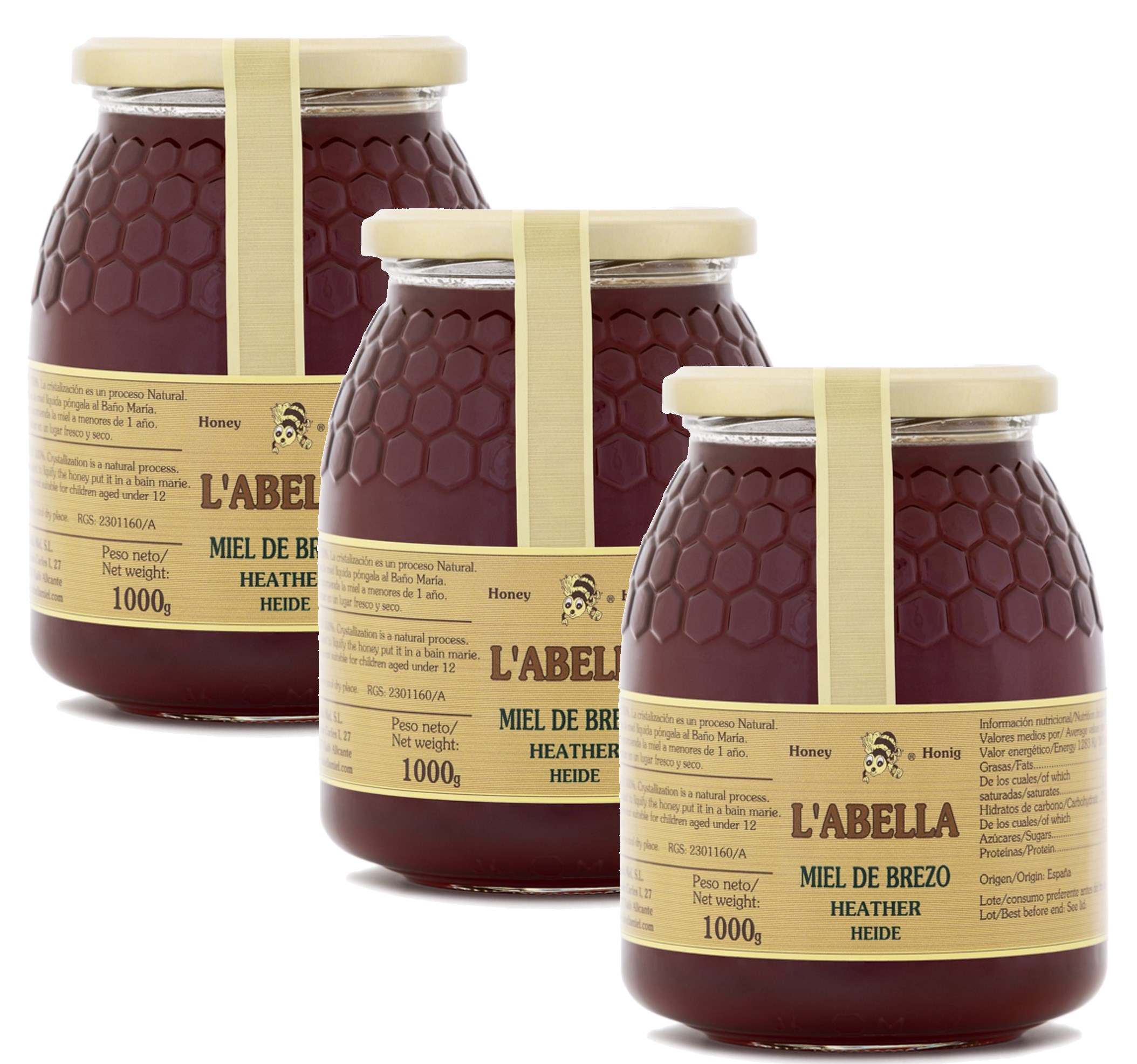 Heidehonig aus Spanien - Premium Qualität - reines Naturprodukt - kaltgeschleudert - unfiltriert - leicht geleeartige Konsistenz - 3 x 1 Kg Glas