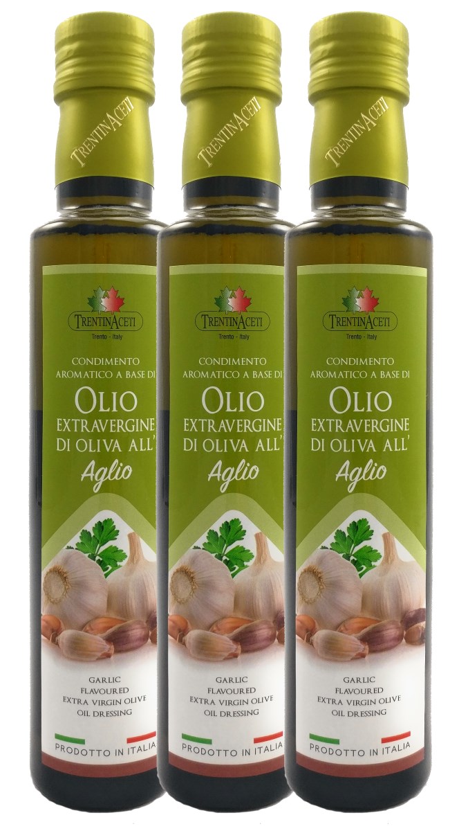 Extra Natives Olivenöl mit natürlichen Knoblaucharoma - 3x250 ml - Italienisches Knoblauch Olivenöl in höchster Qualität - TrentinAceti - kaltgepresst 