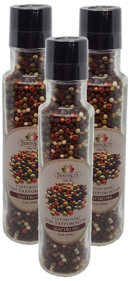 Italienische Pfeffermischung: Vier Farben - 3x 140 g - Quatro Pepi Pikant aus Italien - Vier Pfeffersorten - Inkl. Gewürz Mühle - TrentinAceti